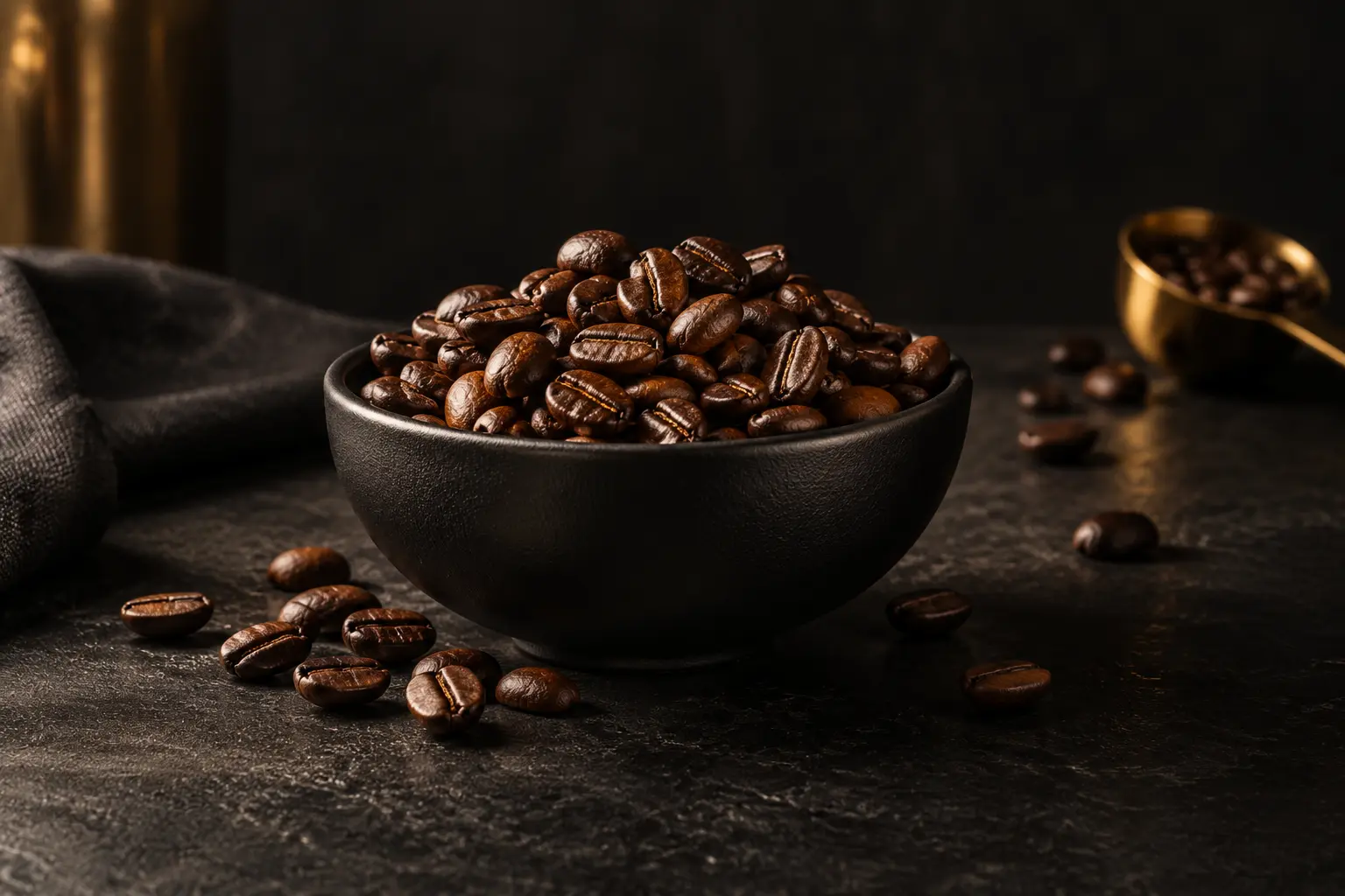 Frisch geröstete Espressobohnen in einer schwarzen Schale