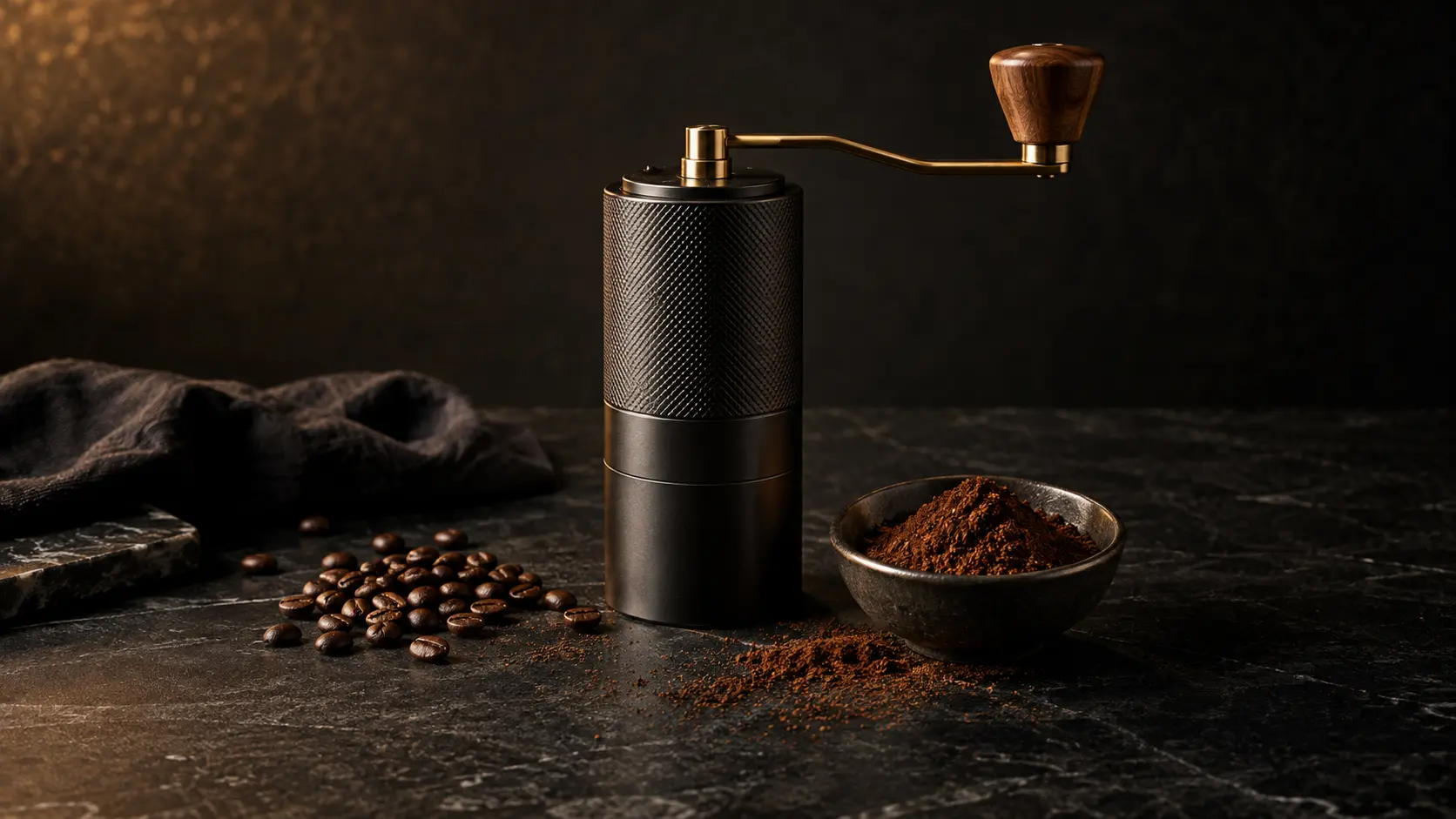 Ungebrandete Handkaffeemühle mit frisch gemahlenem Kaffee und Espressobohnen