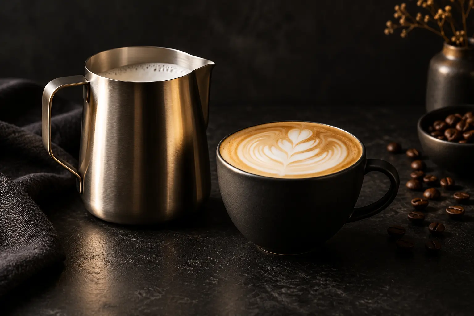 Edelstahl-Milchkännchen und Cappuccino mit feinporigem Milchschaum
