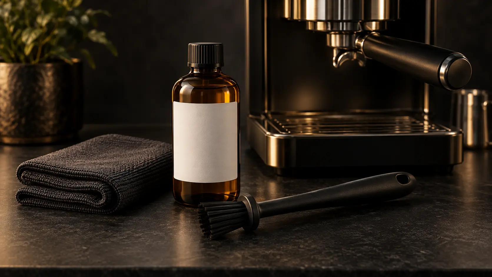 Reinigungsbürste, dunkles Mikrofasertuch und ungebrandete Reinigungsflasche für Espressomaschinen