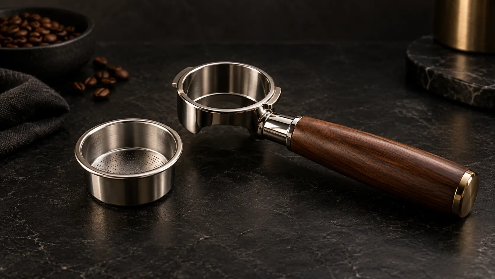 Ungebrandeter bodenloser Siebträger mit herausgenommenem Espressosieb