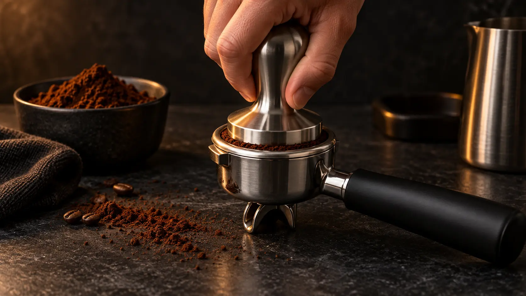 Ungebrandeter Edelstahl-Tamper beim gleichmäßigen Andrücken von Kaffeemehl