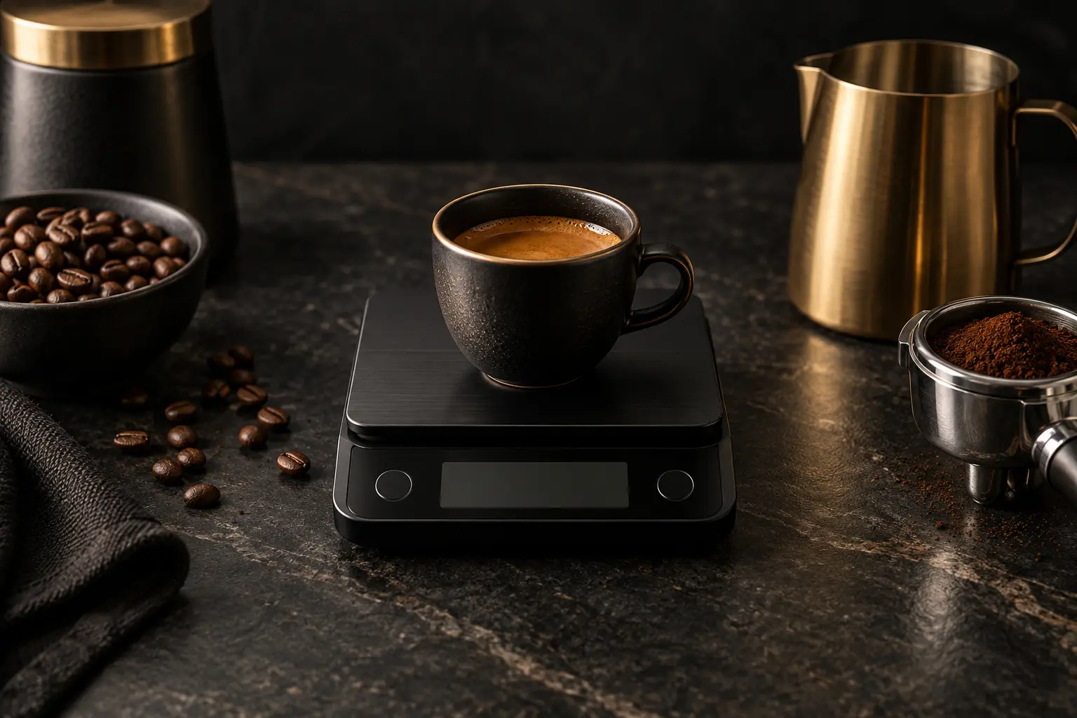 Kompakte ungebrandete Kaffeewaage mit Espressotasse auf schwarzer Arbeitsfläche