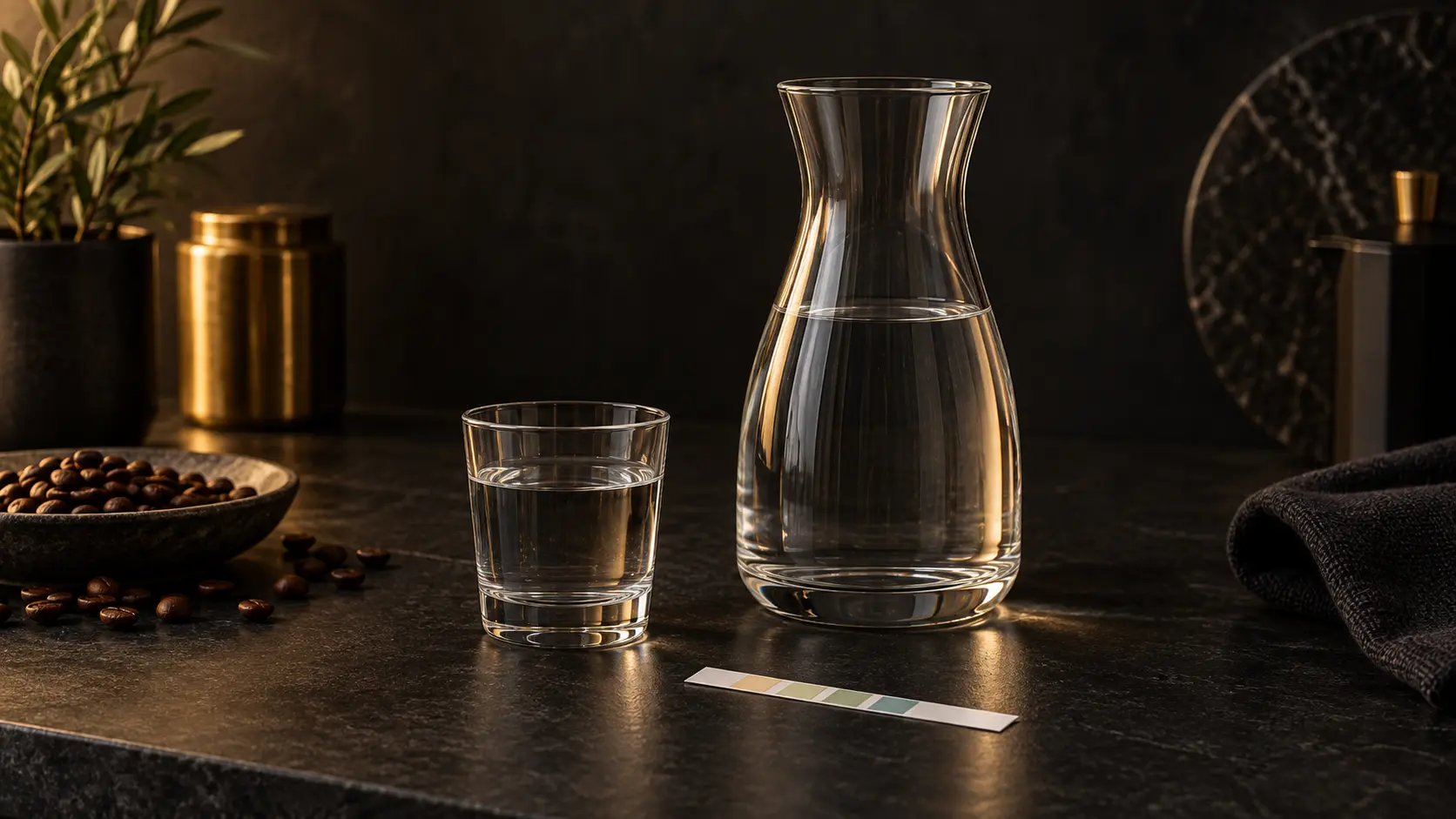 Glaskaraffe mit Wasser und Teststreifen zur Bestimmung der Wasserhärte